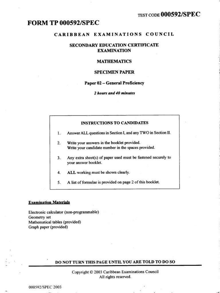 CSEC Mathematics Specimen 2003 P2 PDF Elementary Geometry