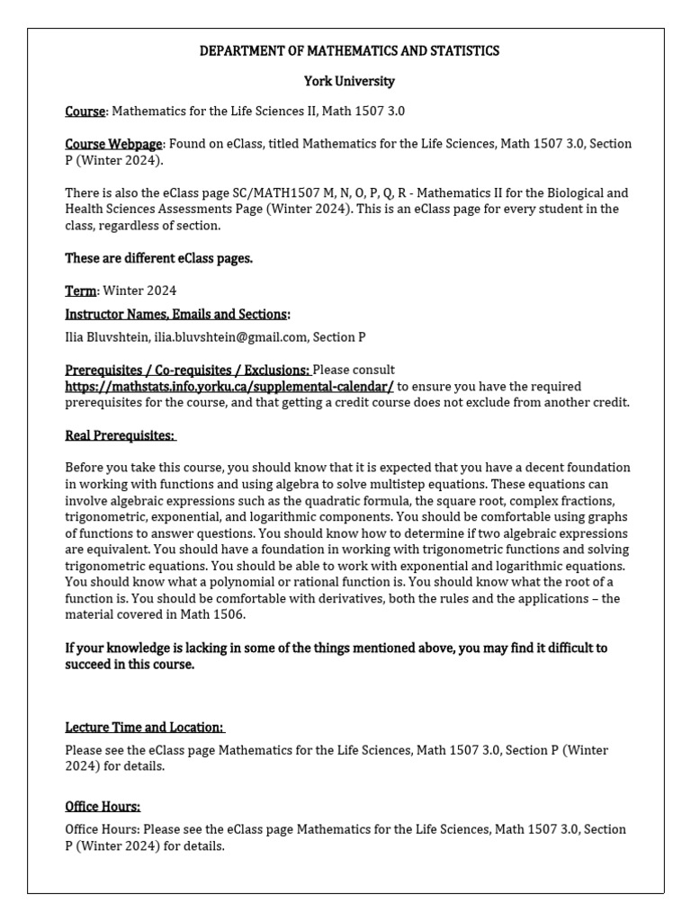 MATH1507 W24 Course Outline Section P | PDF | Equations | Mathematics