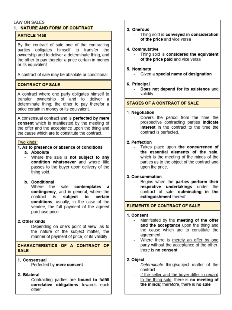 Law On Sales Reviewer | PDF | Breach Of Contract | Offer And Acceptance