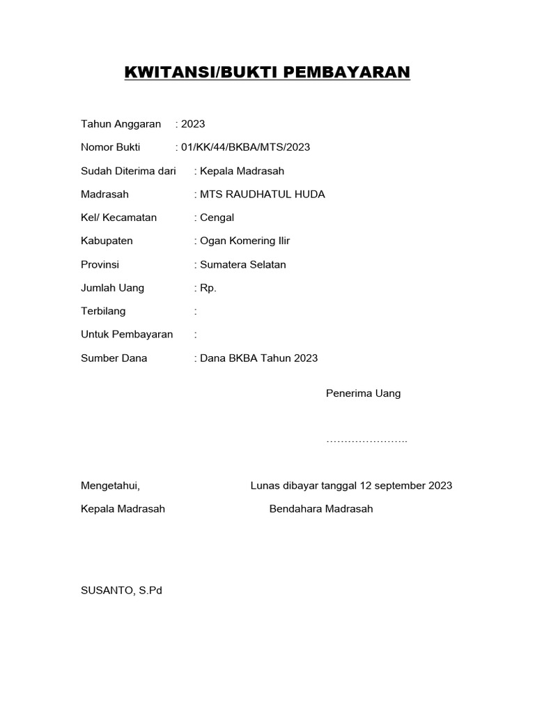 Kwitansi Pembayaran BKBA MTS 2023 | PDF