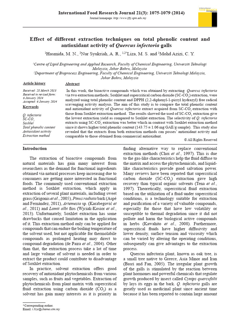 Effect of Different Extraction Techniques On Total Phenolic Content and ...