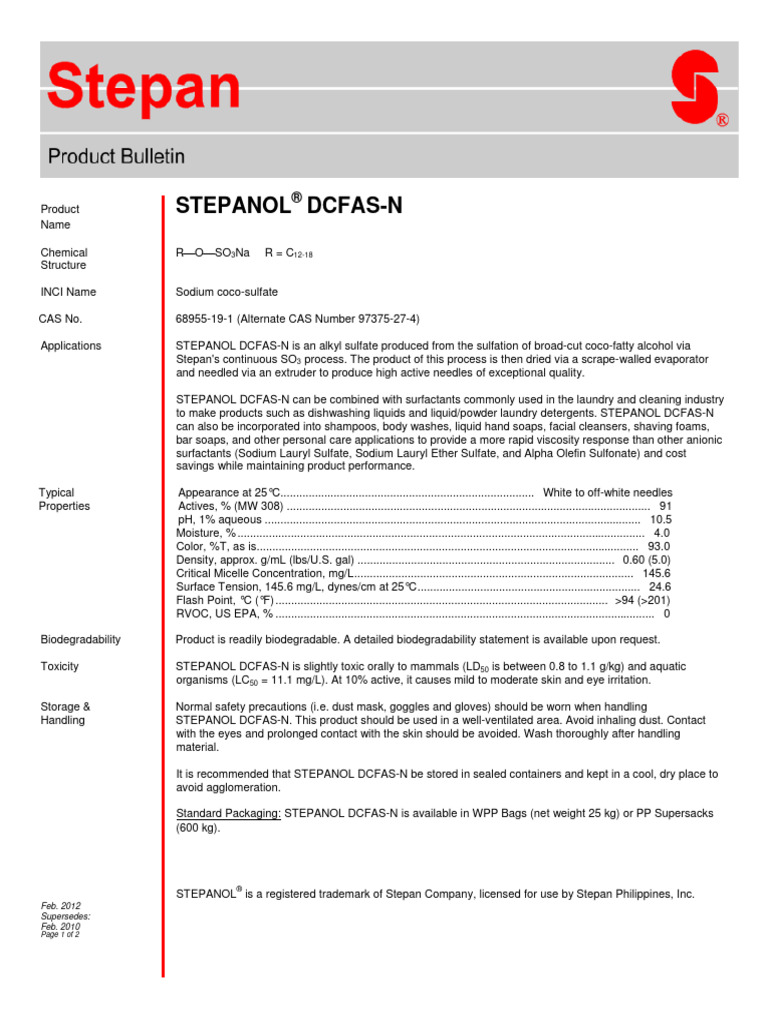 STEPANOLDCFASN | PDF | Surfactant | Sodium Dodecyl Sulfate