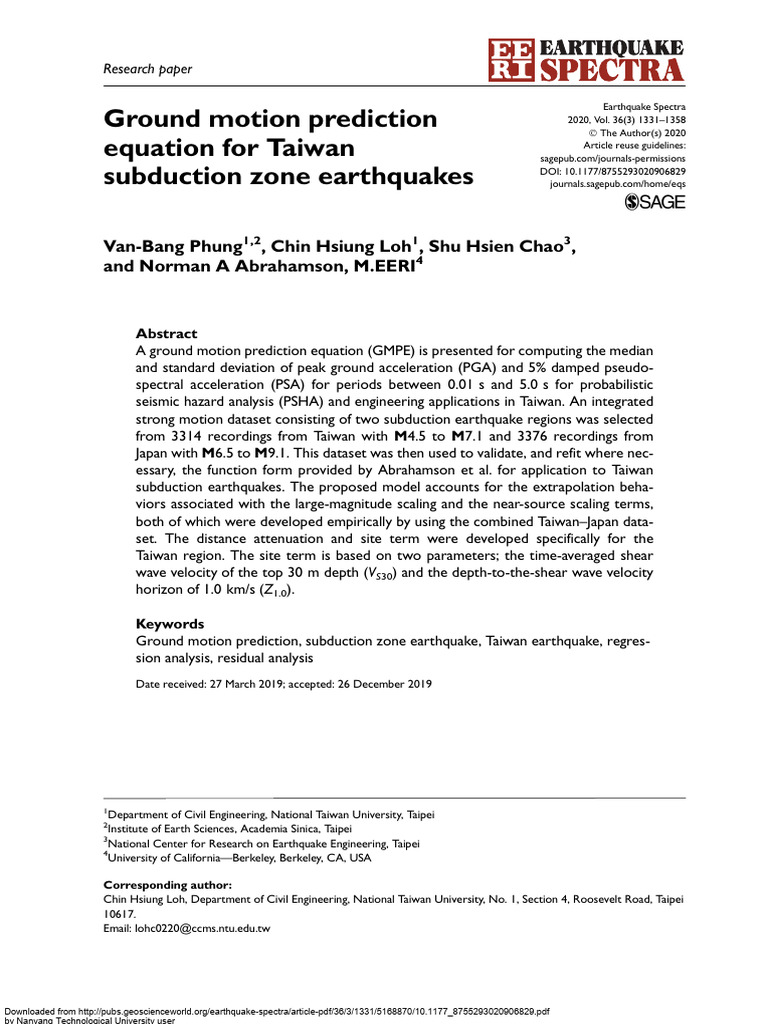 Ground Motion Prediction Equation For Taiwan Subduction Zone ...
