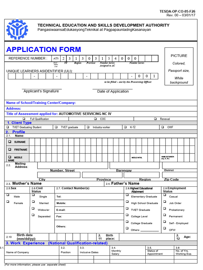 TESDA NC IV Application Form | PDF