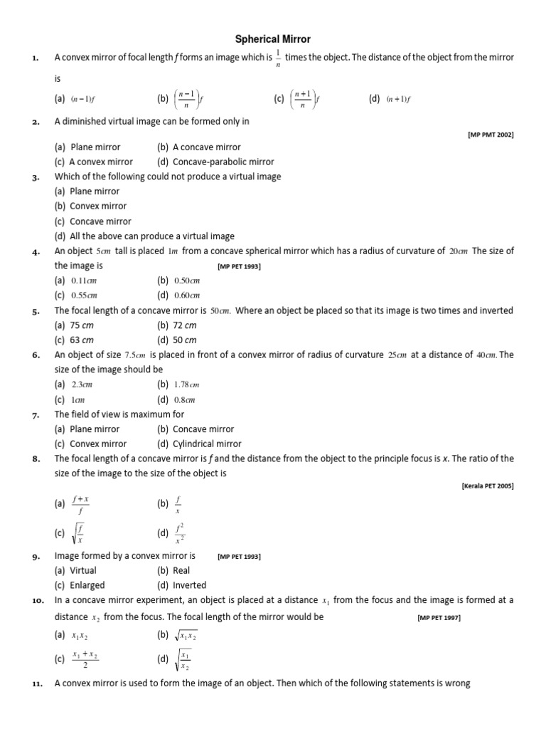 Mcq Class 10 PDF Mirror Optics