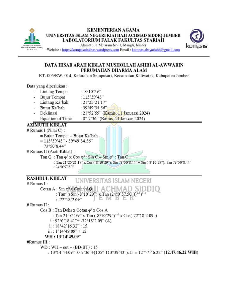 Data Hisab Arah Kiblat - Sertifikat - Berita Acara | PDF