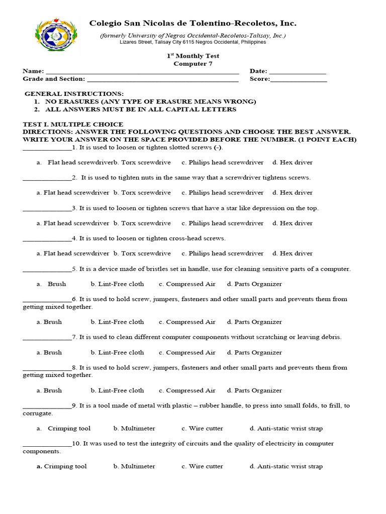 1st monthly test computer 7 pdf components machines