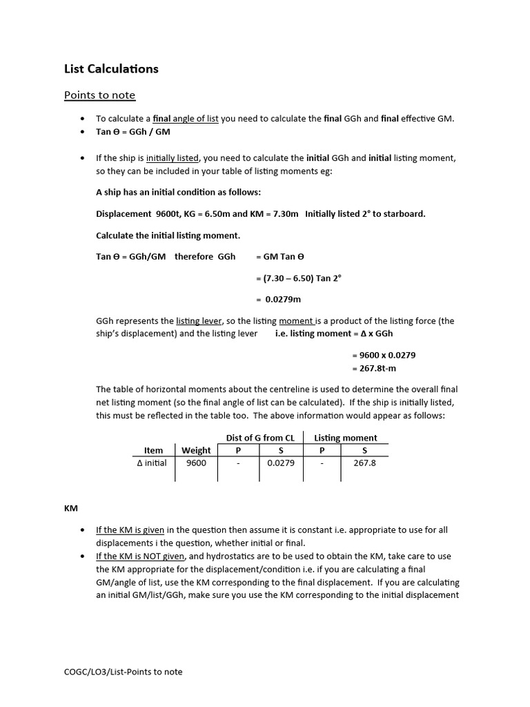 Ship List Calculation Methods | PDF | Classical Mechanics | Mechanics
