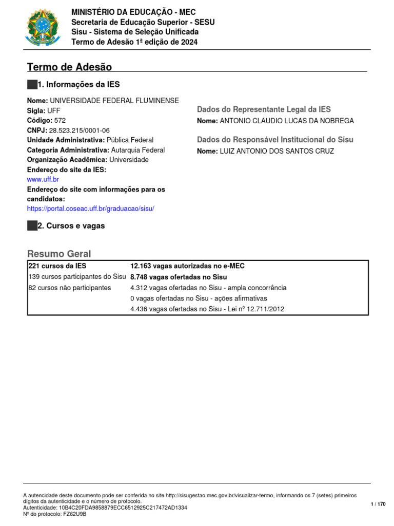 Termo de Adesão Sisu 2024 - UFF | PDF | Diploma de bacharel | Science