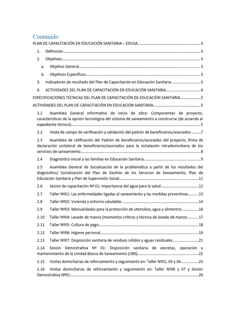 Plan de Capacitación en Educación Sanitaria | PDF | Saneamiento ...