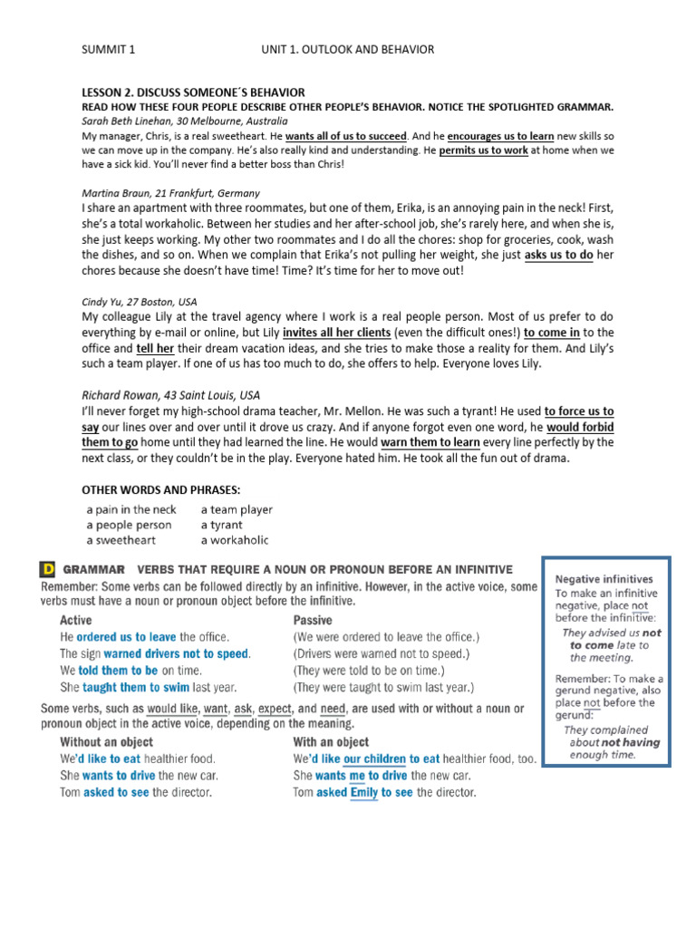 Describing Behavior in Summit 1 Unit 1 | PDF