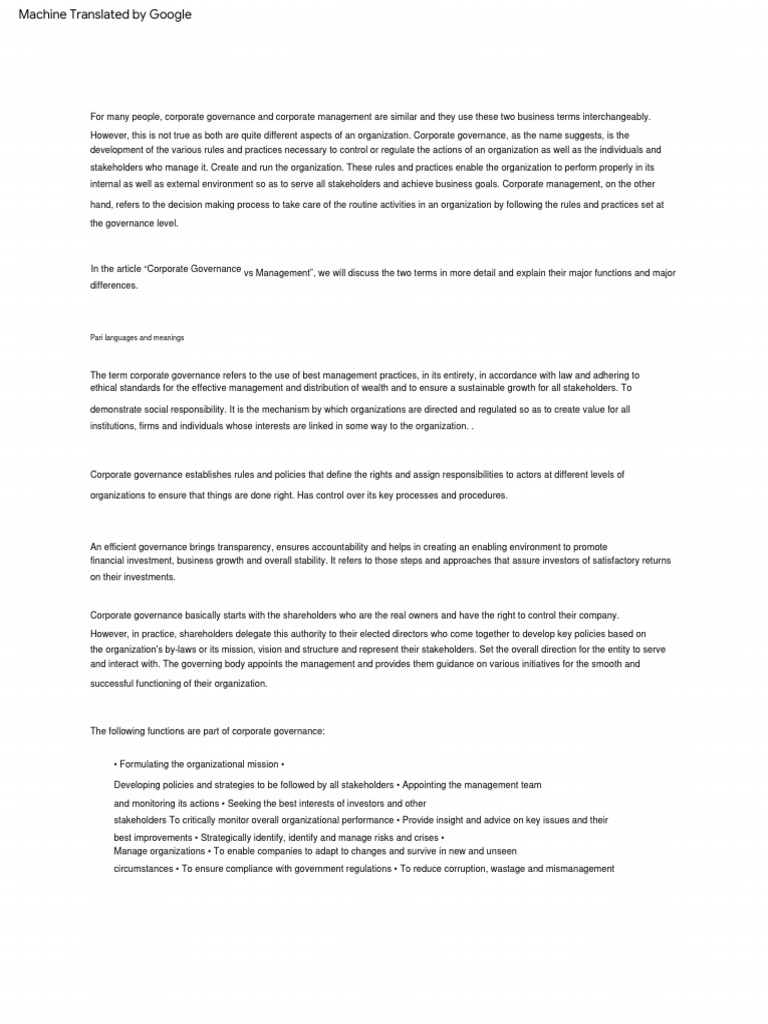 Corporate Governance vs Management Explained | PDF | Governance ...