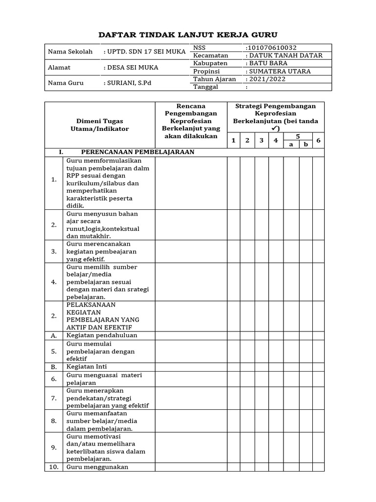 Daftar Tindak Lanjut Kerja Guru | PDF