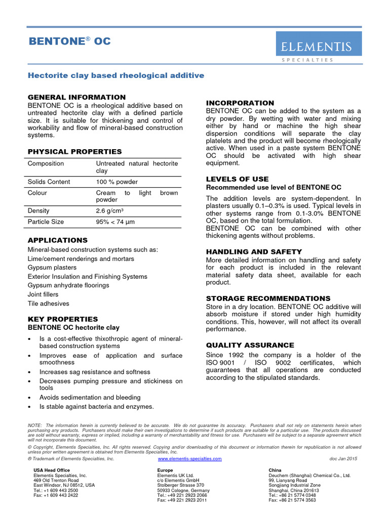 ELEMENTIS-BENTONE OC - TDS | PDF | Rheology | Clay