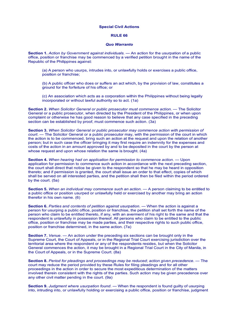 Rule 66: Quo Warranto Actions Explained | PDF | Judgment (Law) | Pleading