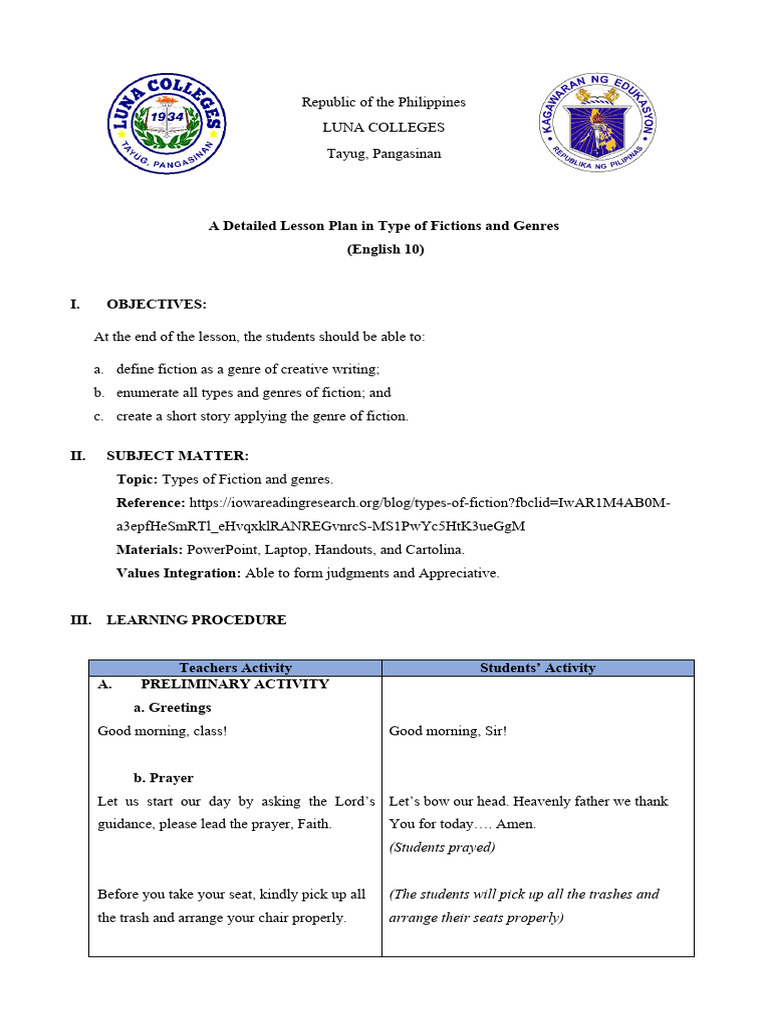 Types of Fiction and Genres Lesson Plan | PDF | Novella | Novels