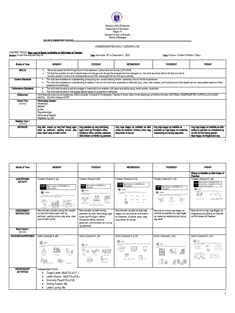 Kindergarten Daily Lesson Log: Classroom Places | PDF | Learning ...