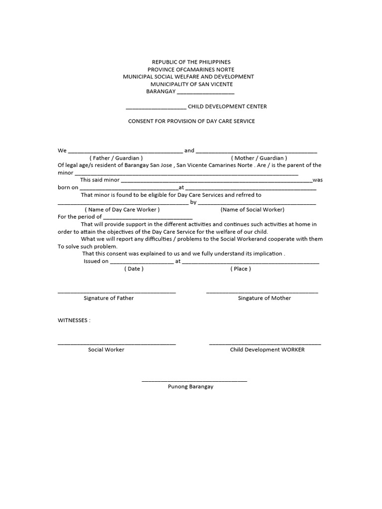 Consent For Provision On Day Care Service Saint Joseph CDC | PDF ...