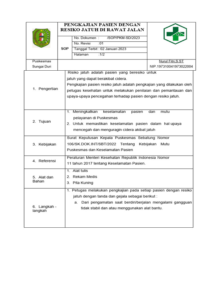 5 3 6 Sop Pengkajian Pasien Dengan Resiko Jatuh Di Rawat Jalan Pdf