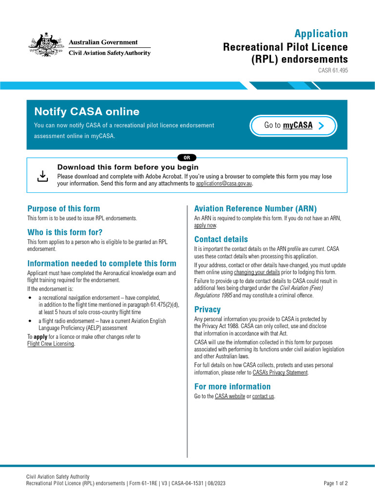Recreational Pilot Licence RPL Endorsement Form 61 1re | PDF ...
