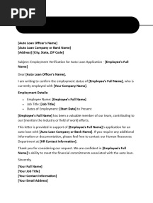 Employment Verification Letter For Auto Loan Application