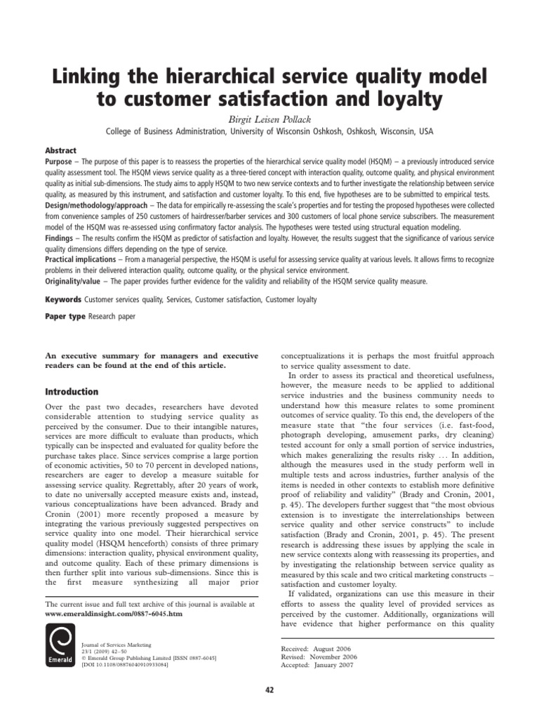 Linking The Hierarchical Service Quality Model To Customer Satisfaction