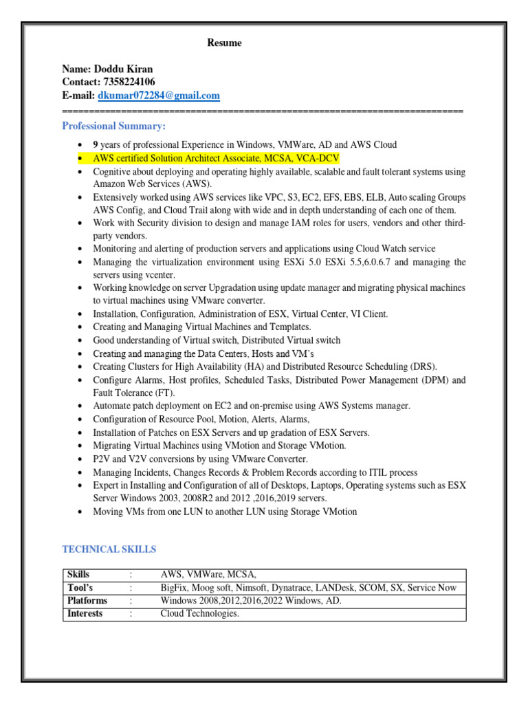 AWS & VMware Specialist Resume | PDF | Virtual Machine | V Mware