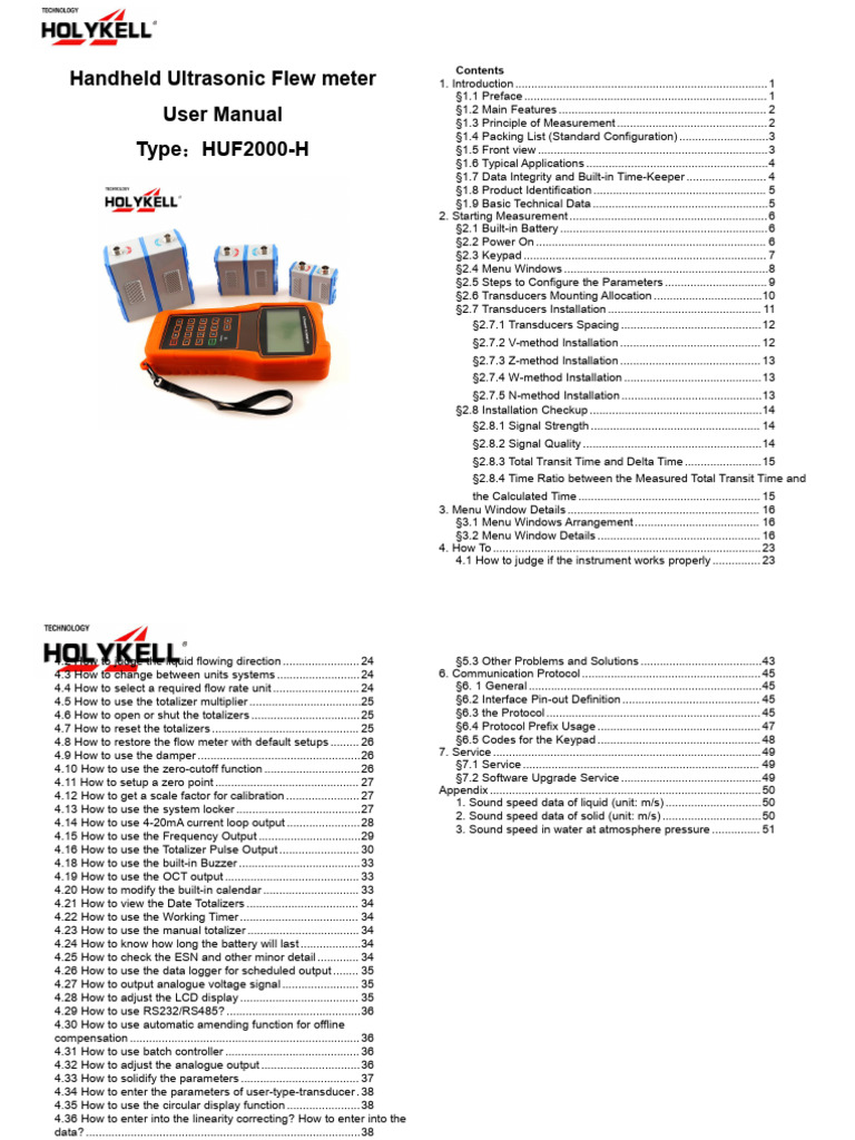 HUF2000-H Ultrasonic Flow Meter Manual | PDF | Rechargeable Battery ...