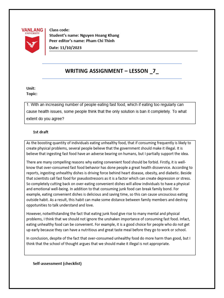 Writing Lesson 7 Assignment - NguyenHoangKhang | PDF | Junk Food | Essays