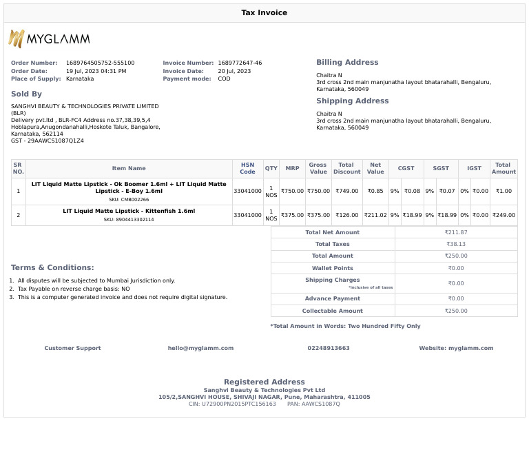 Tax Invoice for Lipstick Order 168976 | PDF | Invoice | Taxes