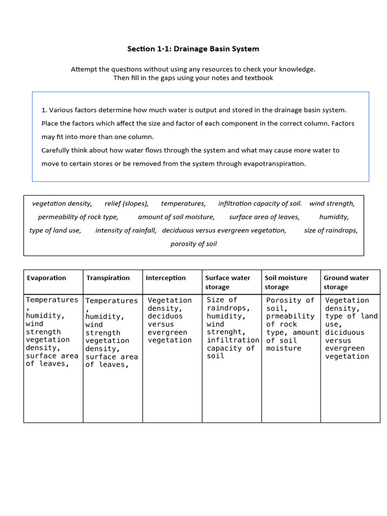 Section 1 1 Drainage Basin System Questions Pdf Soil Surface Runoff