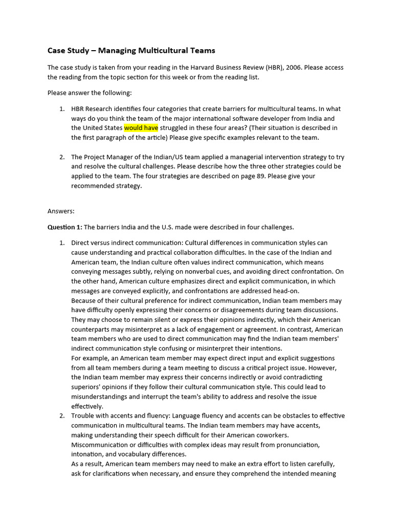 Managing Multicultural Teams Case Study | PDF | Communication ...