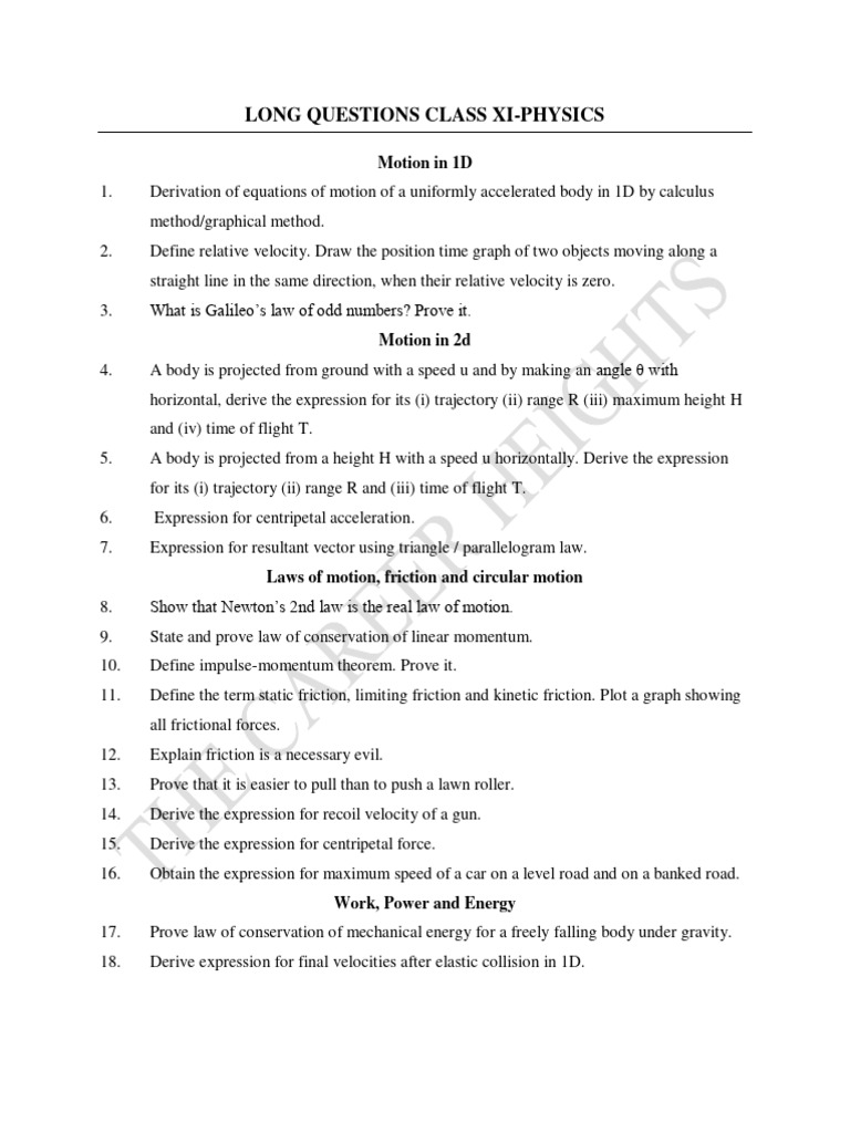 Class XI Physics Long Questions Guide | PDF | Newton's Laws Of Motion ...