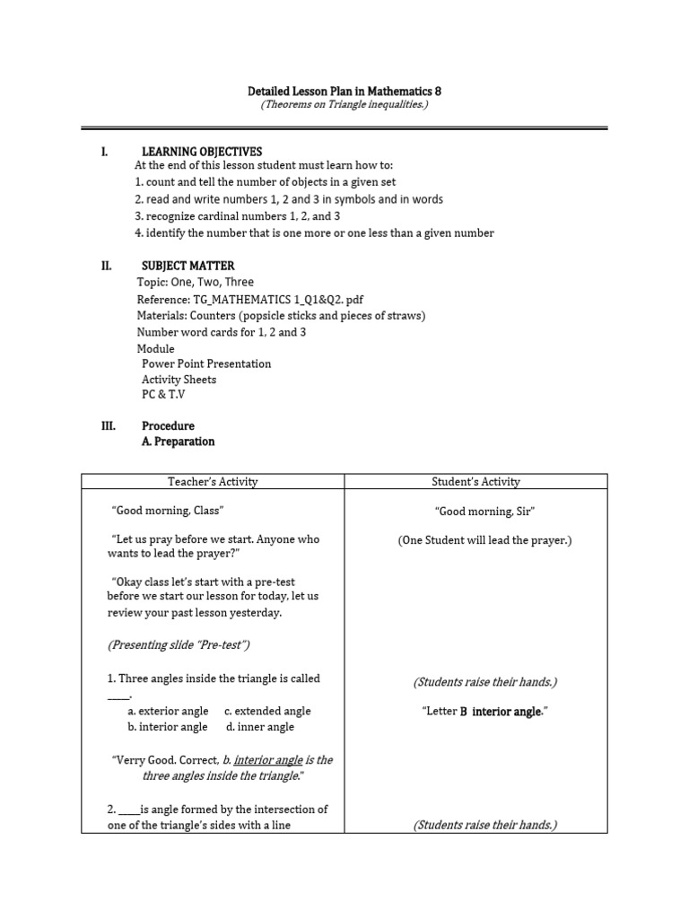 Detailed Lesson Plan in Math 1 | PDF | Triangle | Angle