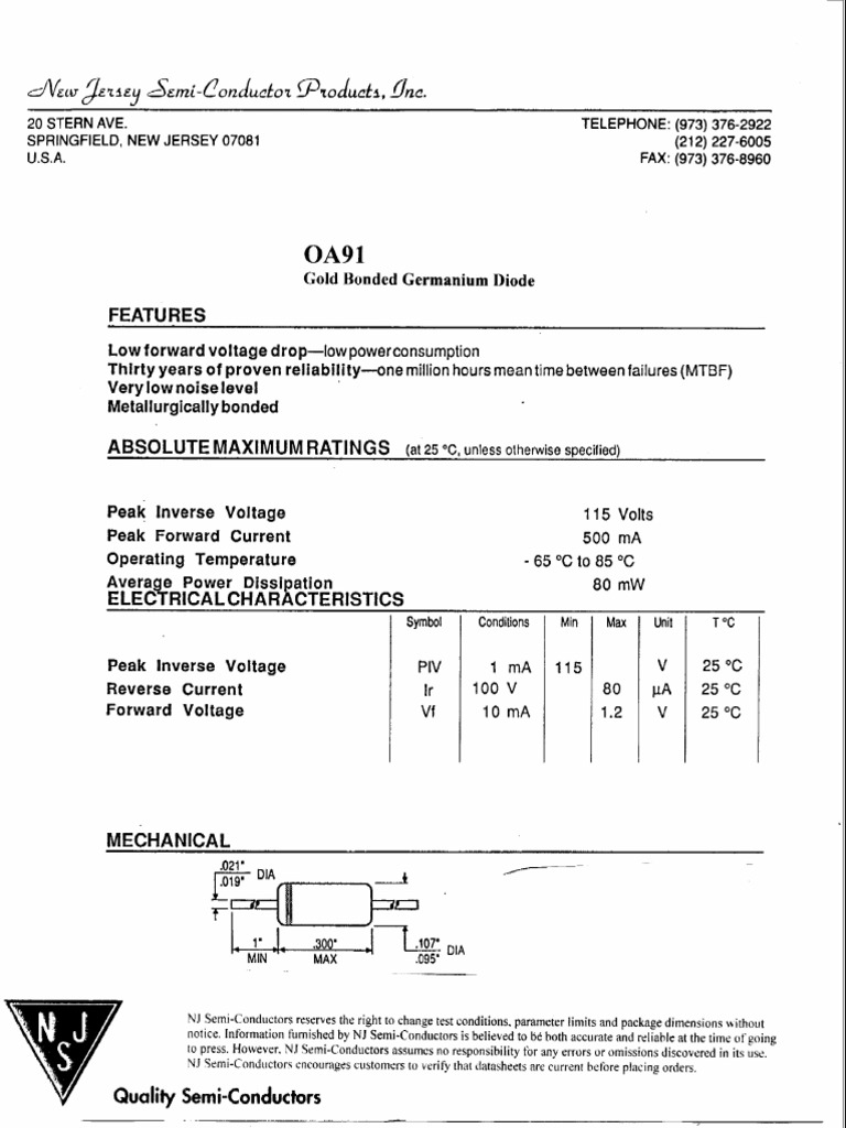 DATASHEET DIODE GERMANIUM OA91 | PDF | Electrical Equipment | Electronics