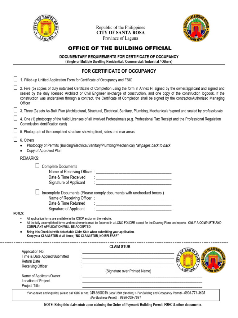 Sta Rosa, Laguna List of Requirements For Occupancy Permit PDF