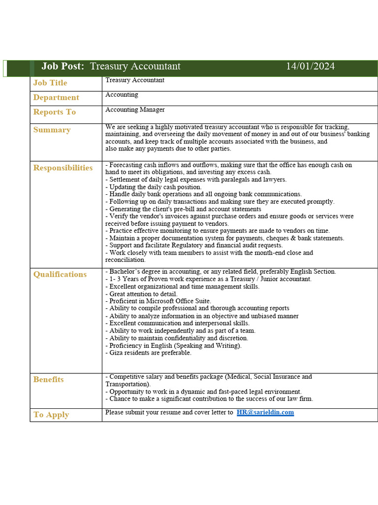 Treasury Accountant Job Posting | PDF | Banks | Cash
