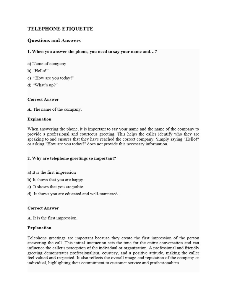 Telephone Etiquette Quizz Questions and Answers PDF Etiquette