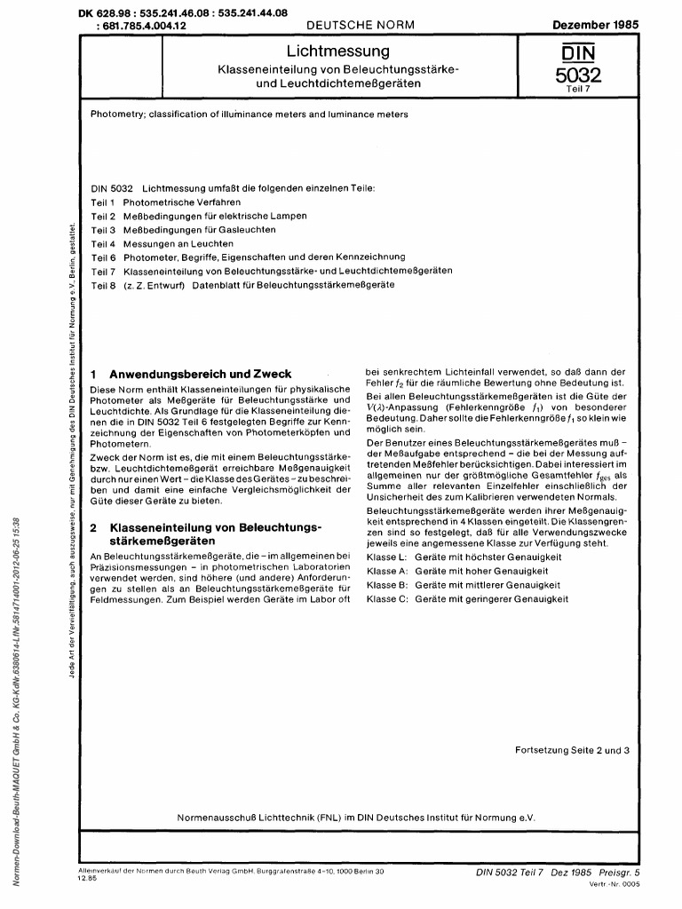 DIN 5032 Lichtmessung Klasseneinteilung | PDF