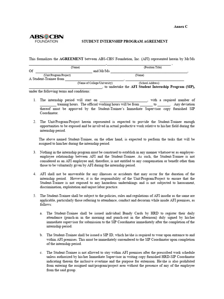ABS-CBN Internship Agreement Template | PDF | Employment | Labor