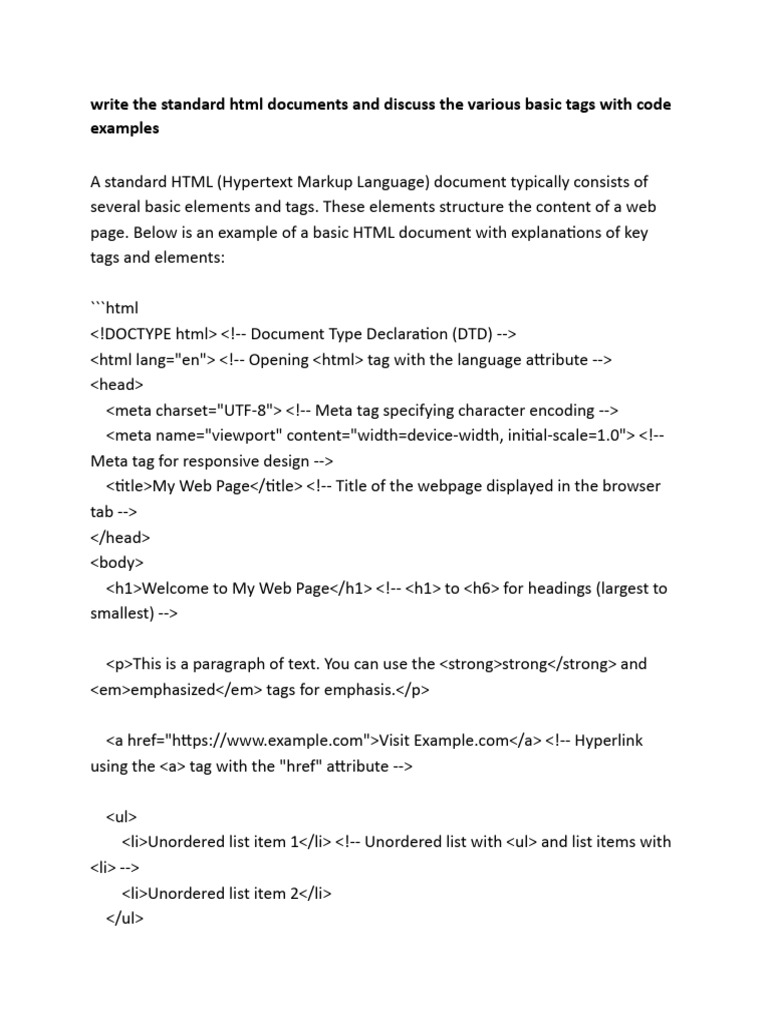 Write The Standard HTML Documents and Discuss The Various Basic Tags ...
