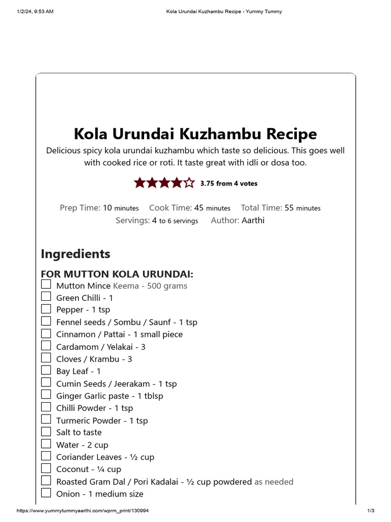 Kola Urundai Kuzhambu | PDF | Curry | Food And Drink
