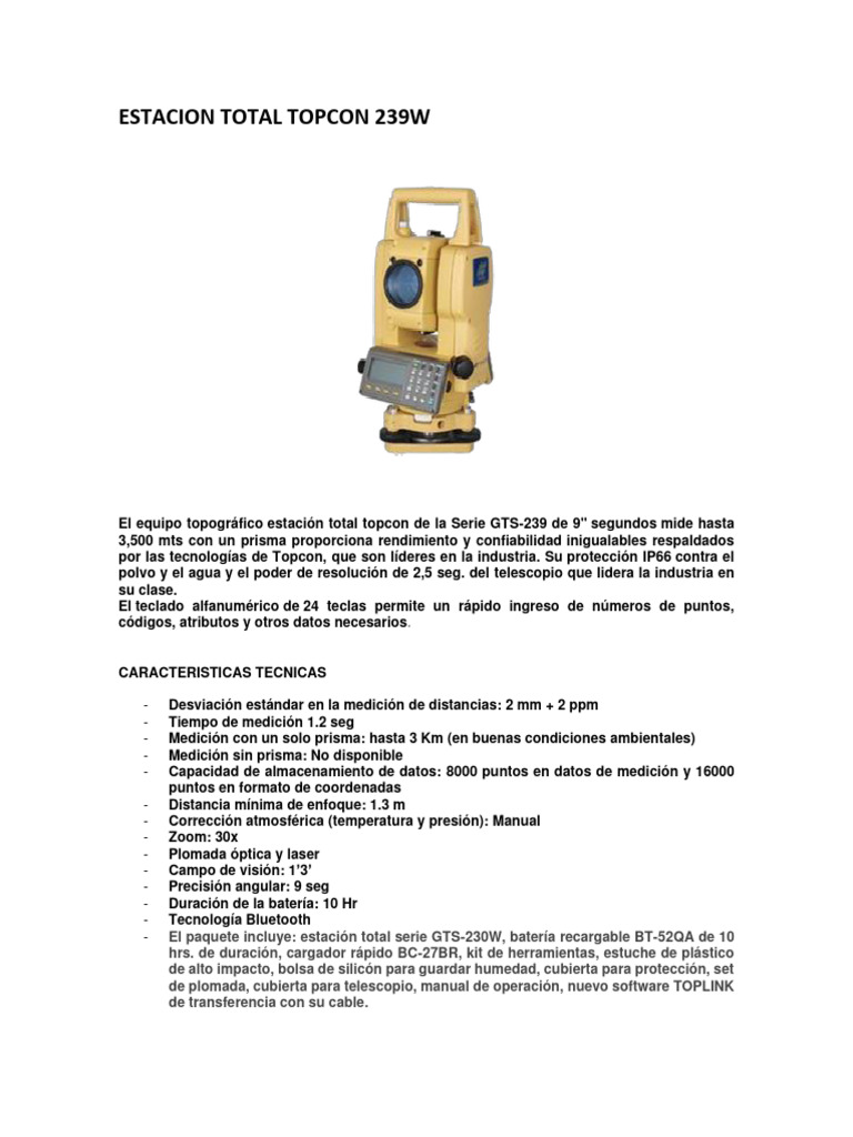 Ficha Tecnica Estacion Total Topcon 239W Serial 293806 | PDF