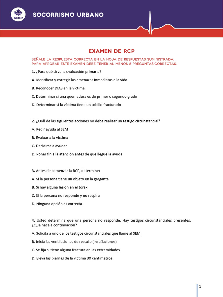 Examen de RCP: Preguntas y Respuestas | PDF | Reanimación ...