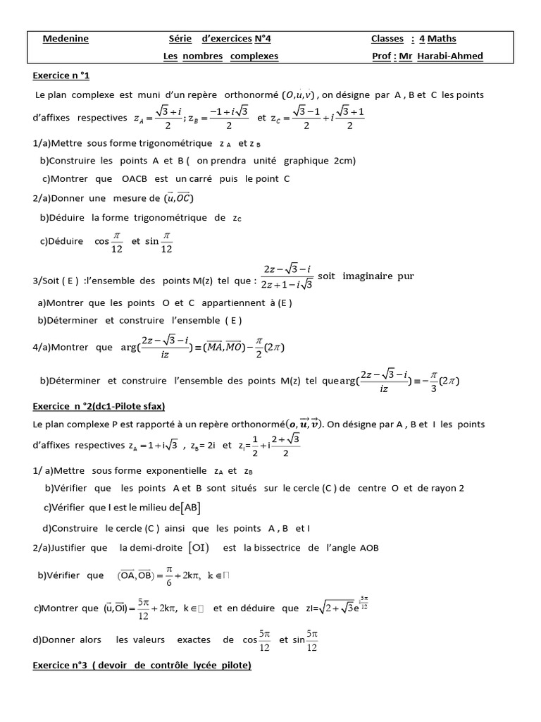 Exercices sur la forme exponentielle des nombres complexes | PDF ...