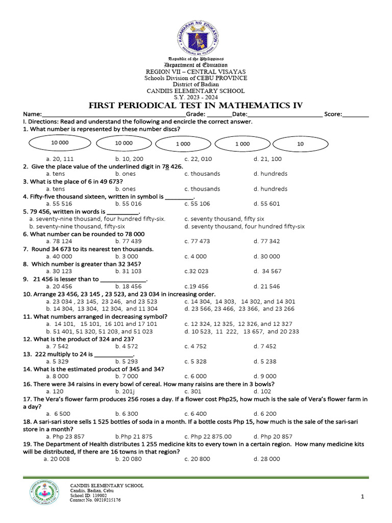 Grade 4 Math First Periodical Test | PDF | Mathematics