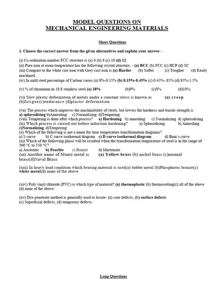 Mechanical Engineering Materials Questions | PDF | Steel | Iron