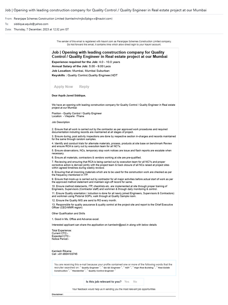 Quality Engineer Job In Mumbai Real Estate Pdf Business