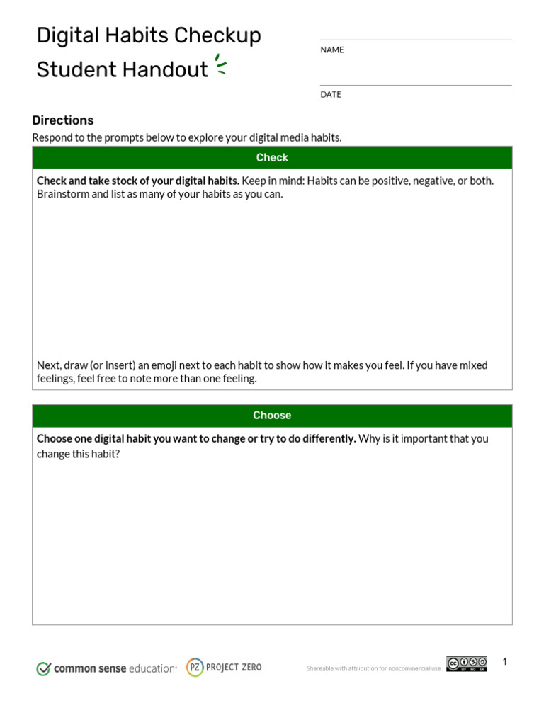 Digital Habits Checkup Student Handout PDF