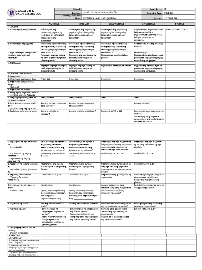 DLL - Filipino 4 - Q2 - W6 | PDF